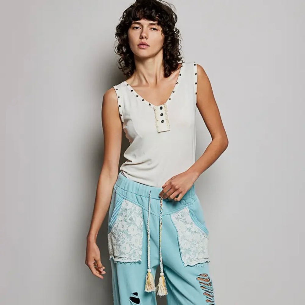 NWT! ON SALE!!! French Terry Powder Blue Boho pants, braided & tasseled drawstr - Picture 2 of 6